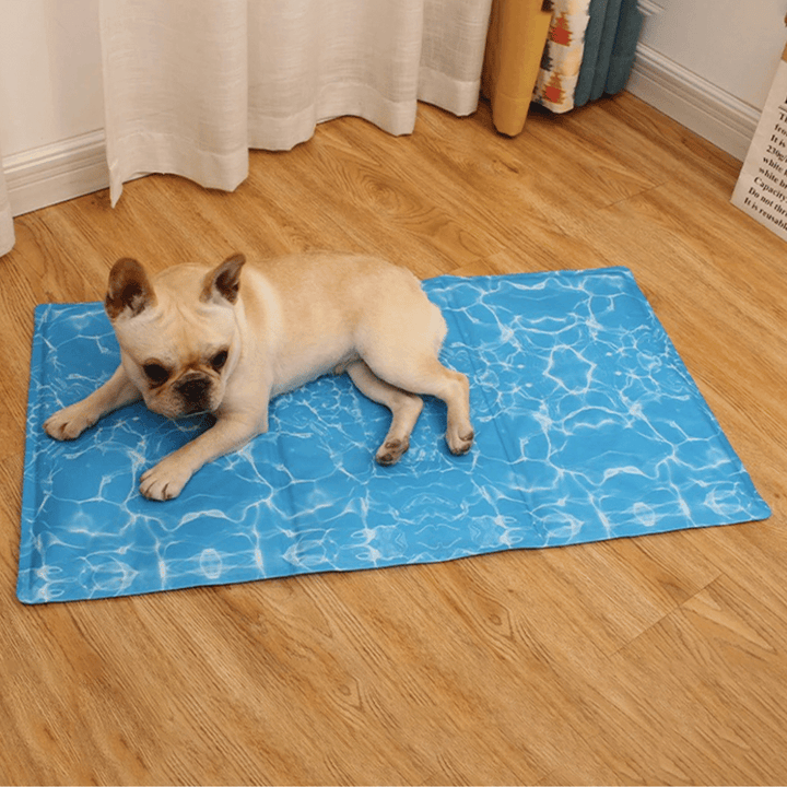 "Blue gel-filled dog cooling mat, water-resistant PVC pad for pets, pressure-activated, available in various sizes."