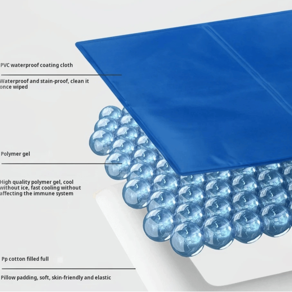 "Blue gel-filled dog cooling mat, water-resistant PVC pad for pets, pressure-activated, available in various sizes."