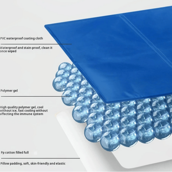 "Blue gel-filled dog cooling mat, water-resistant PVC pad for pets, pressure-activated, available in various sizes."