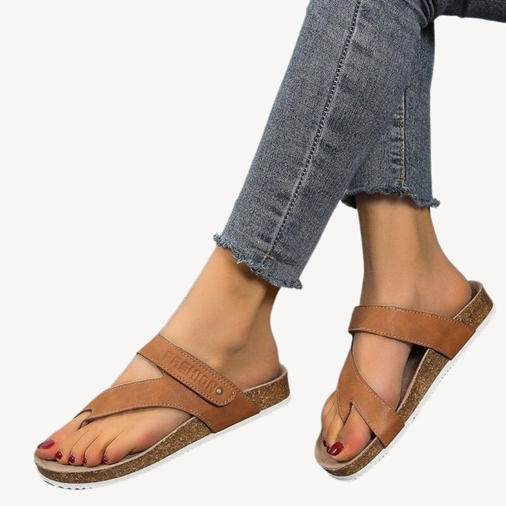 Blue orthopedic women's cork thong sandals with soft strap, showcasing comfort and support, perfect for casual summer wear.