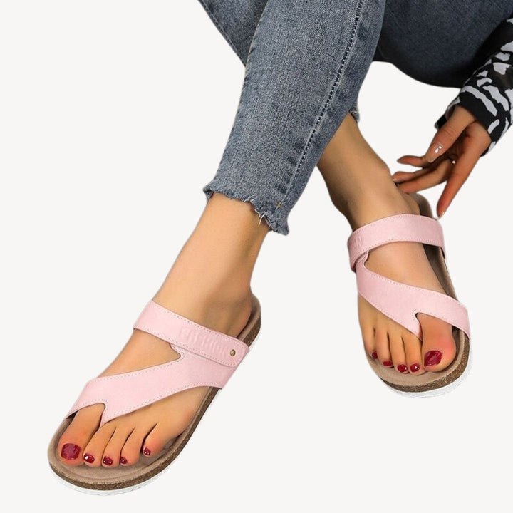 Blue orthopedic women's cork thong sandals with soft strap, showcasing comfort and support, perfect for casual summer wear.