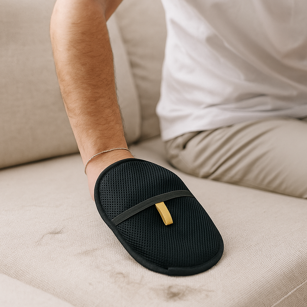 "Blue pet hair removal glove on a hand, designed for easy cleaning, suitable for men and women, eco-friendly, reusable."