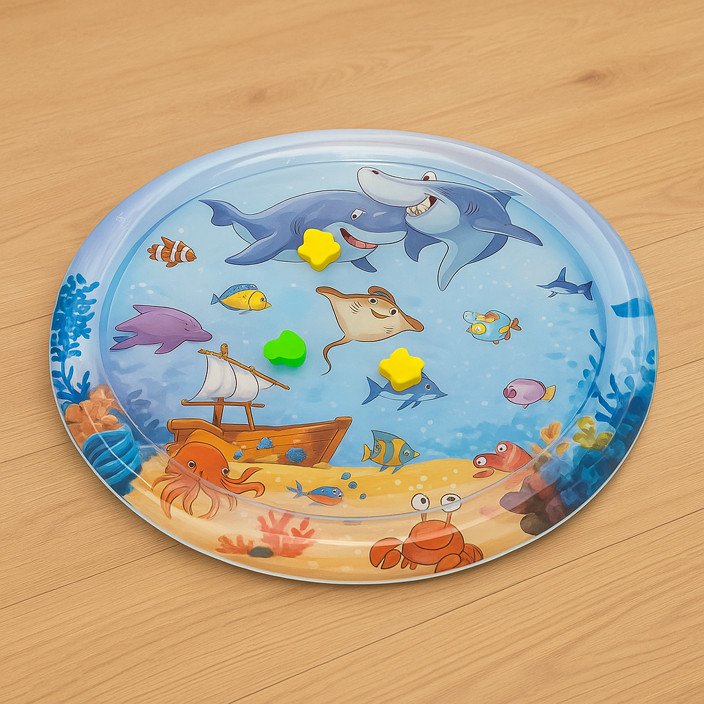 "Blue pet sensory water mat with fish design, providing cooling for pets during playtime and hot days, made from durable ABS.