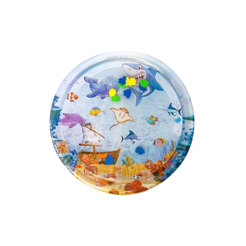"Blue pet sensory water mat with fish design, providing cooling for pets during playtime and hot days, made from durable ABS.