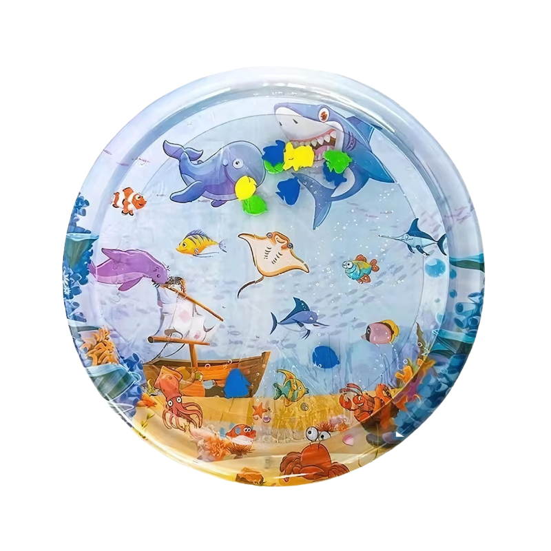 "Blue pet sensory water mat with fish design, providing cooling for pets during playtime and hot days, made from durable ABS.