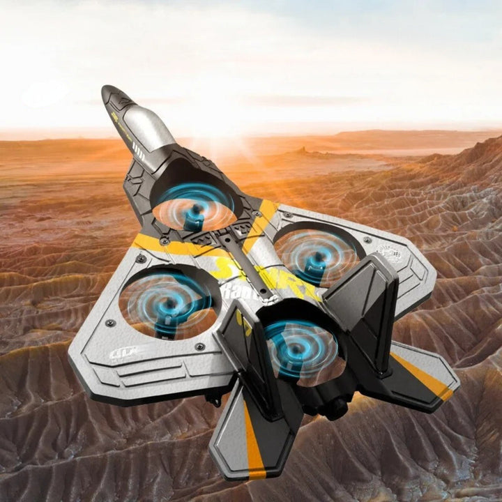 Blue remote control drone for kids with gravity-sensor; sleek design for easy control, ideal for beginners and stunt performa