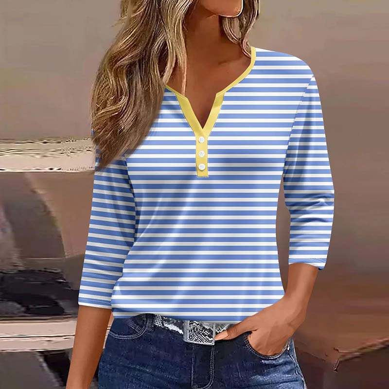 Blue women's casual striped print shirt, classic design, long sleeves, breathable fabric, front view.