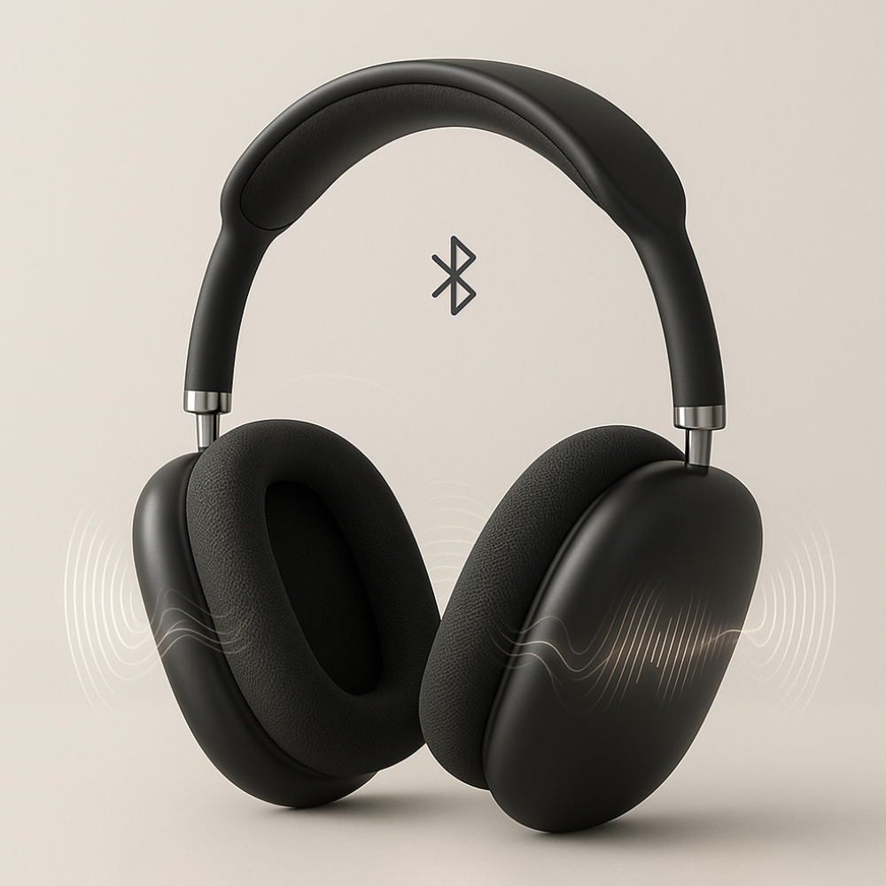 "Bluetooth headphones with HiFi stereo, noise cancelling, over-ear design, soft cushioning, and sleek black finish."