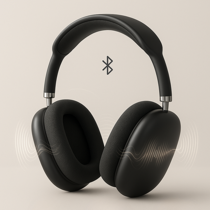 "Bluetooth headphones with HiFi stereo, noise cancelling, over-ear design, soft cushioning, and sleek black finish."