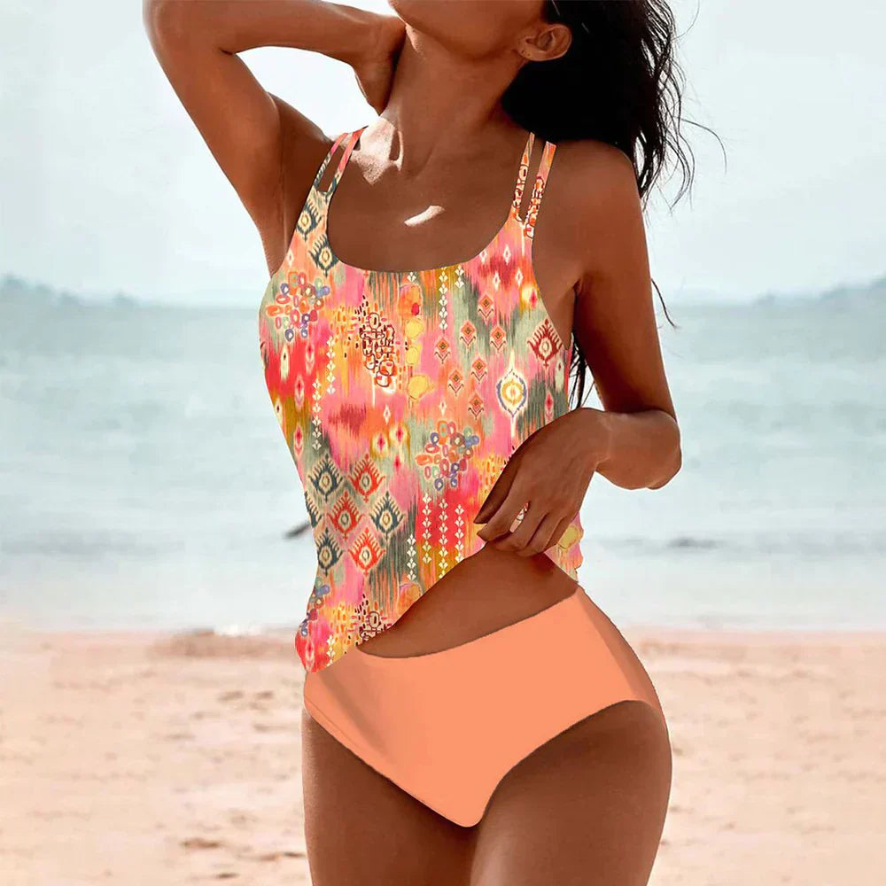 Boho tankini swimsuit for women, featuring vibrant patterns, dual-layered top, and high-waisted bottoms for beach style.