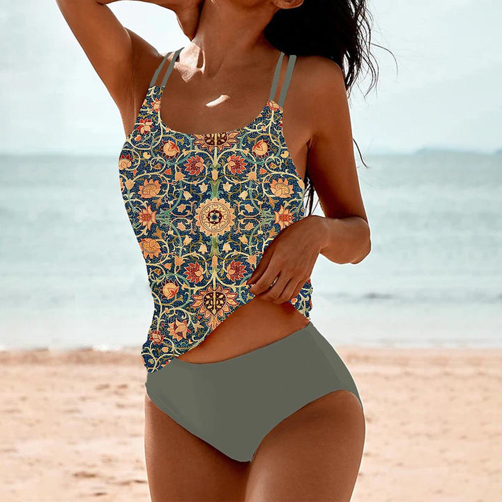 Boho tankini swimsuit for women, featuring vibrant patterns, dual-layered top, and high-waisted bottoms for beach style.