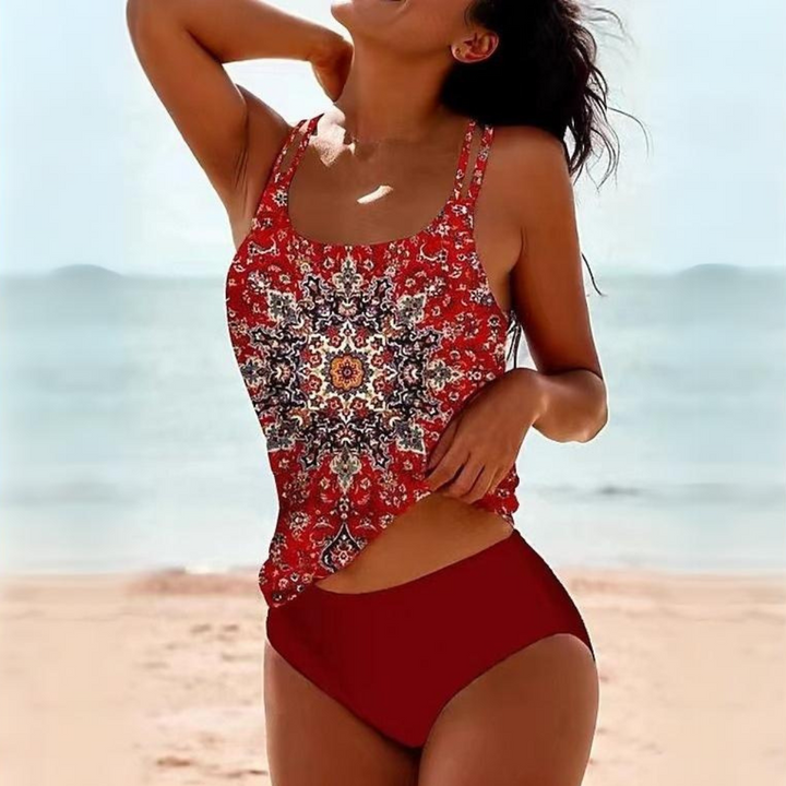 Boho tankini swimsuit for women, featuring vibrant patterns, dual-layered top, and high-waisted bottoms for beach style.