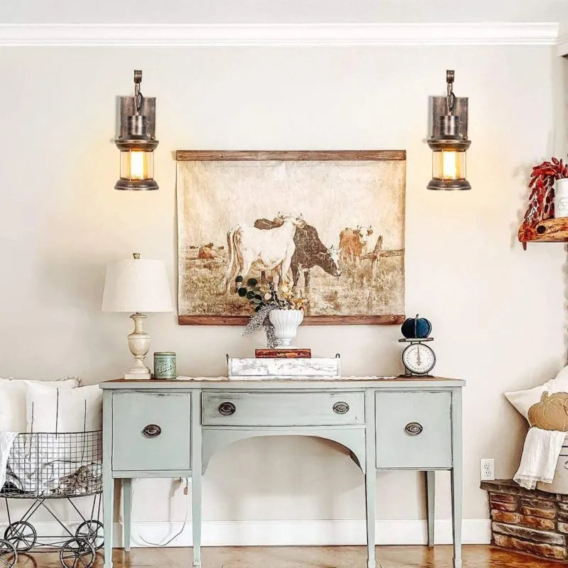 Bronze vintage industrial wall sconce lamp with oil-bronze finish and glass shade, perfect for living room lighting.