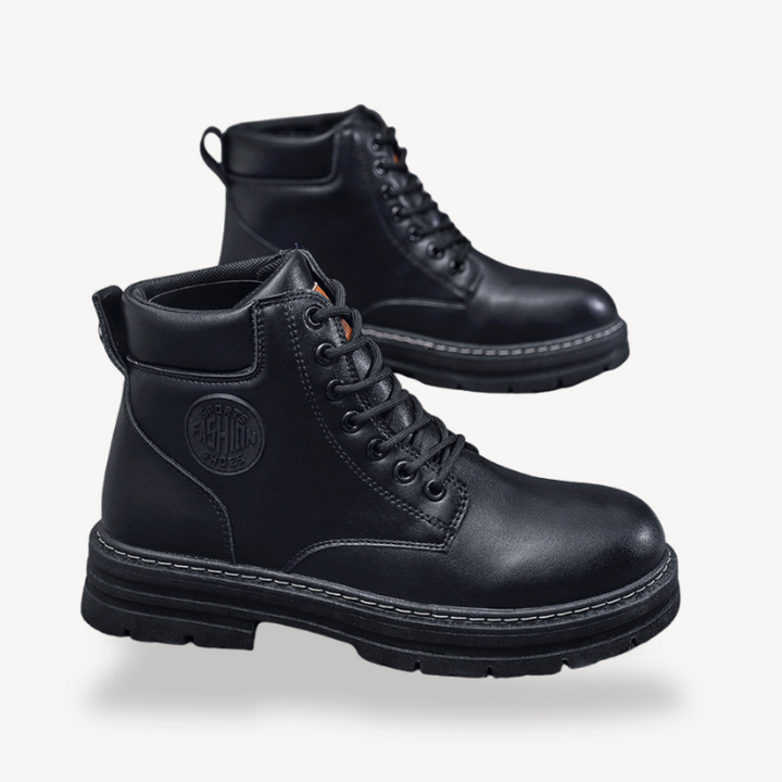"Brown men's durable leather boots with cushioned insole, rugged sole, lace-up closure, and sleek design; ideal for outdoor u