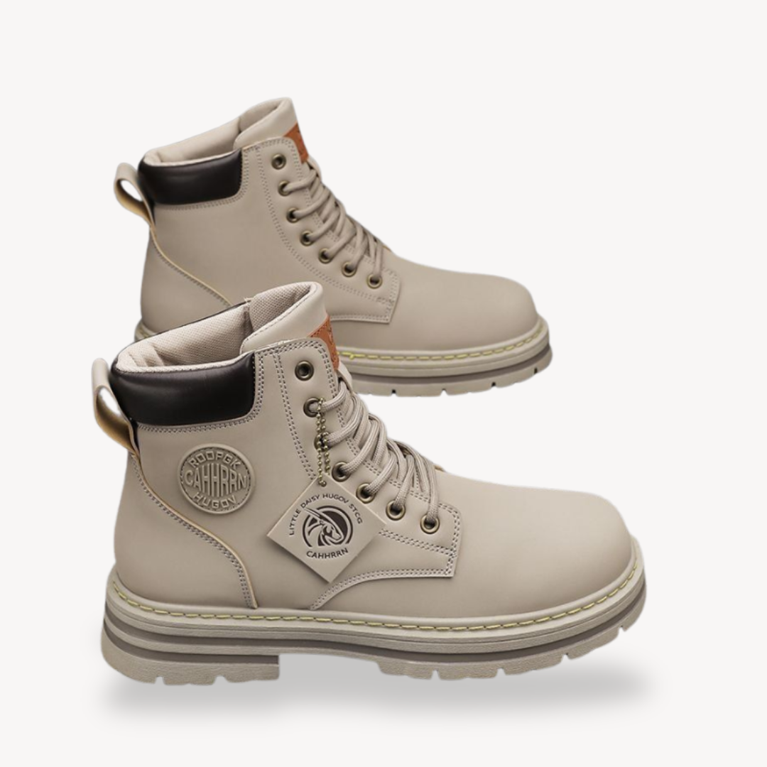 "Brown men's durable leather boots with cushioned insole, rugged sole, lace-up closure, and sleek design; ideal for outdoor u