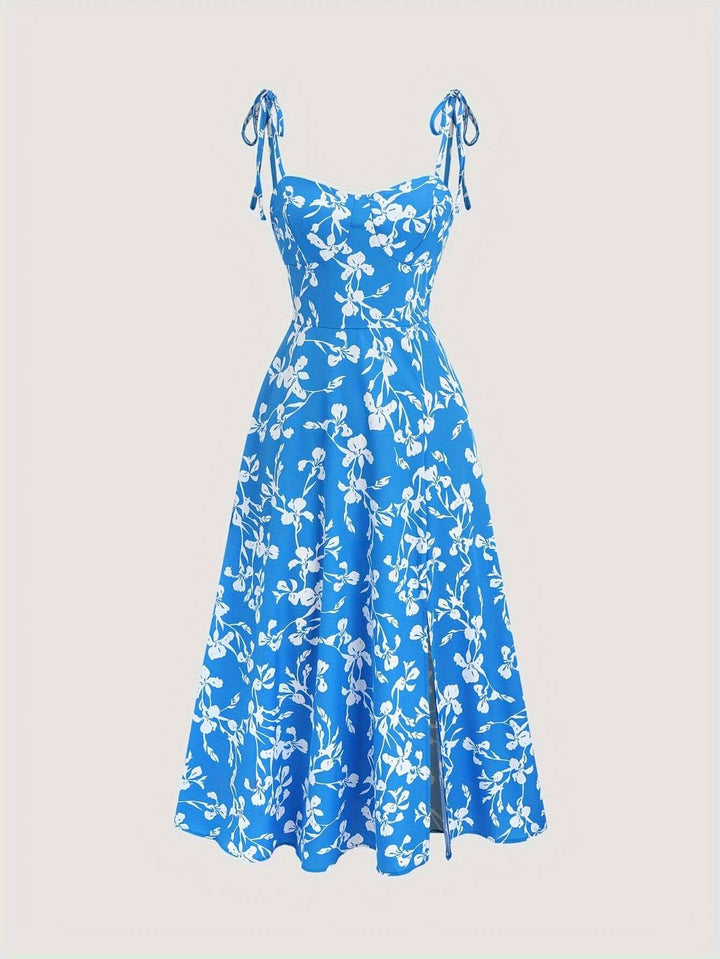 Floral Print Midi Dress with Tie Straps