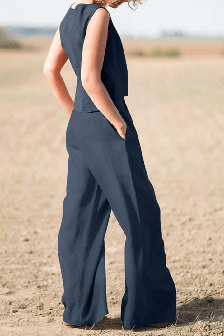 Women's Relaxed Fit Round Neck Top and Wide-Leg Pants Set