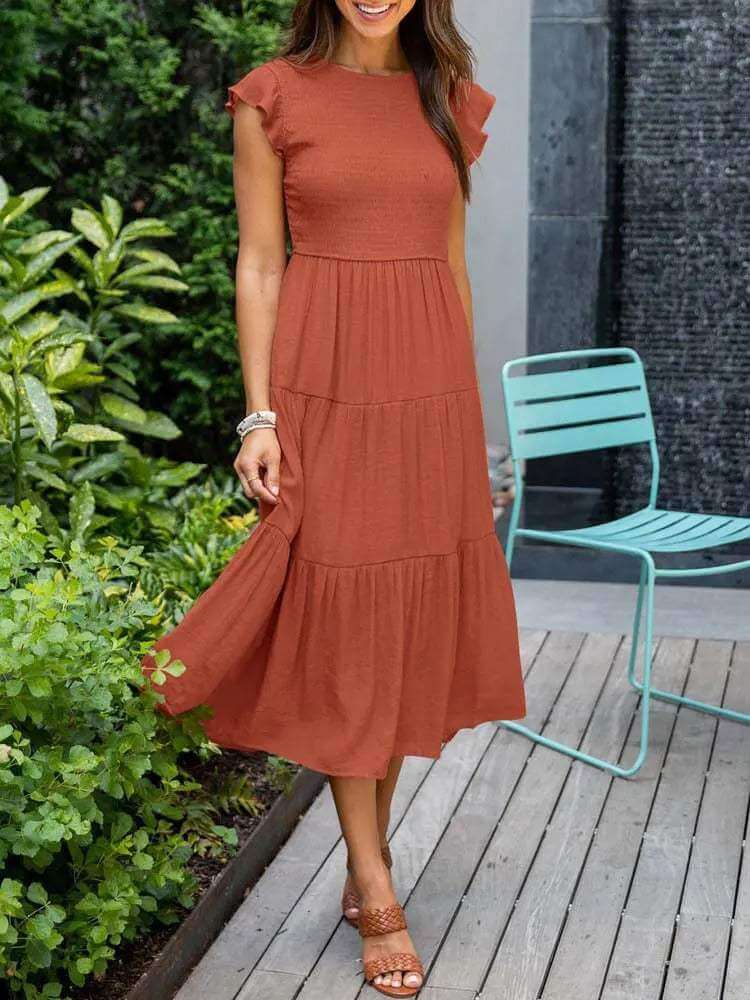Women's Tiered Midi Dress with Flutter Sleeves