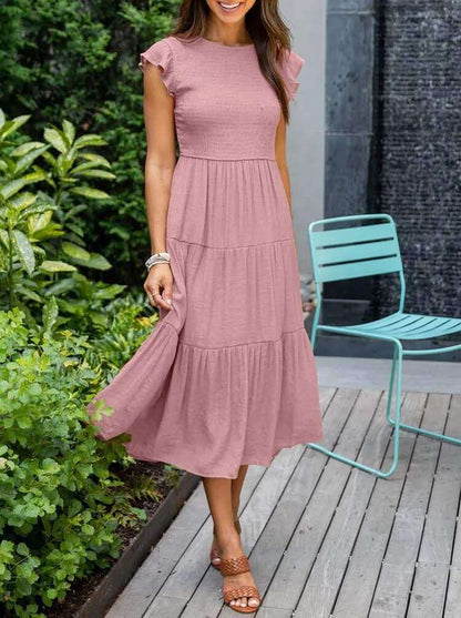 Women's Tiered Midi Dress with Flutter Sleeves