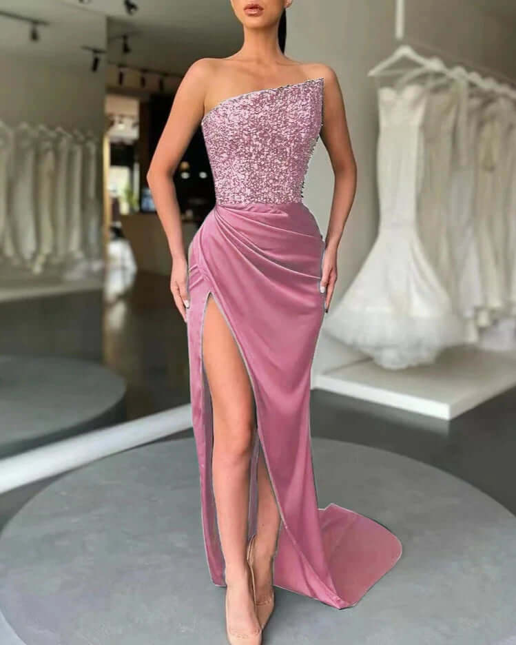 Women's Sequin Bodice High Slit Evening Dress