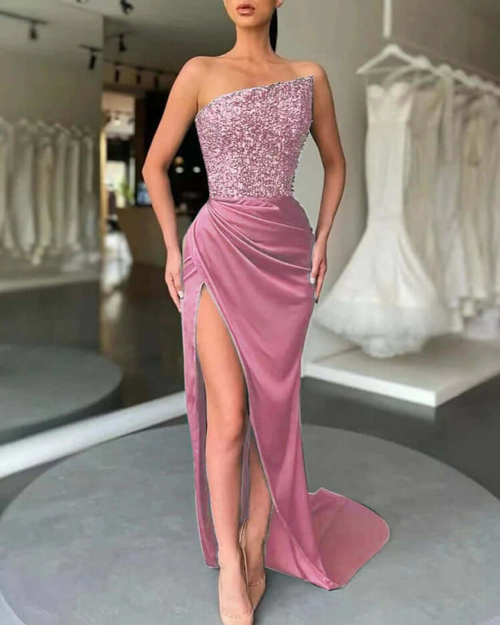 Women's Sequin Bodice High Slit Evening Dress