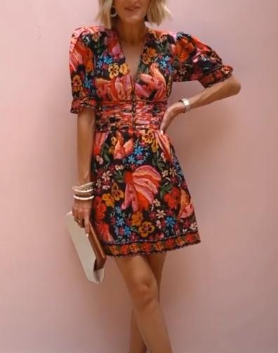 Printed Puff Sleeve Midi Dress
