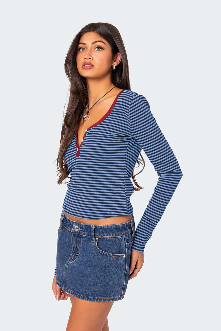 Women's Striped V-Neck Henley Top