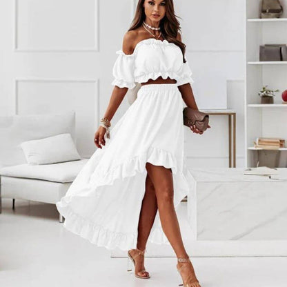 Women's Off-Shoulder Frill Crop Top & High-Low Skirt Set