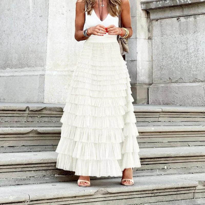 Women's Pleated Mesh Midi Skirt with Ruffle