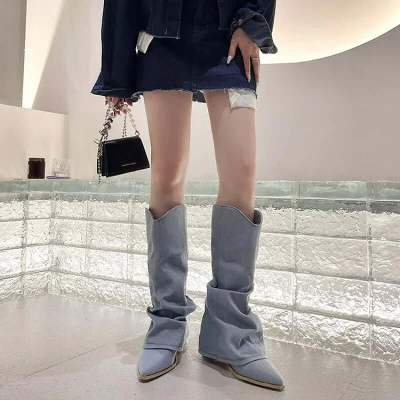 Women's Denim Knee-High Cowboy Boots