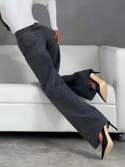 Women's Leopard Print High-Waisted Wide Leg Jeans