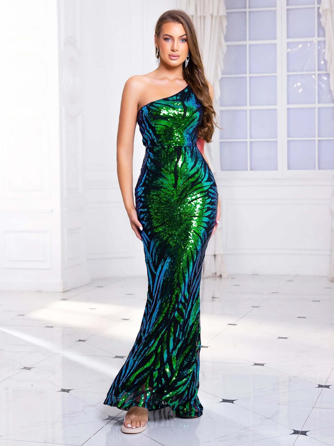 Sequin One-Shoulder Mermaid Evening Gown