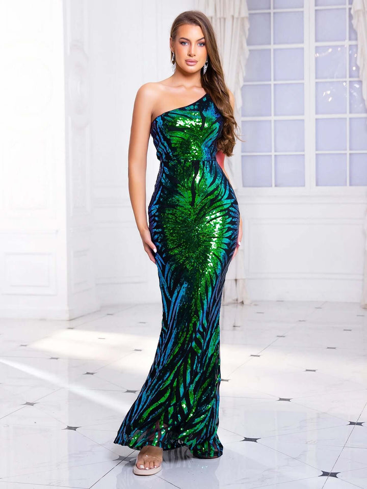 Sequin One-Shoulder Mermaid Evening Gown