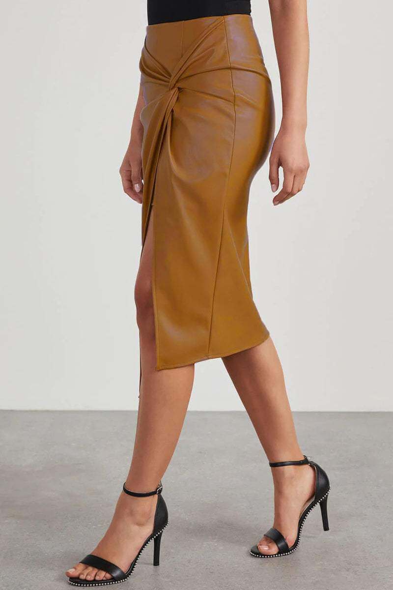 Faux Leather High-Waisted Pencil Skirt with Ruching