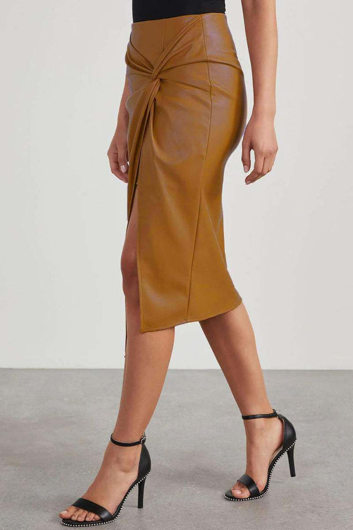 Faux Leather High-Waisted Pencil Skirt with Ruching