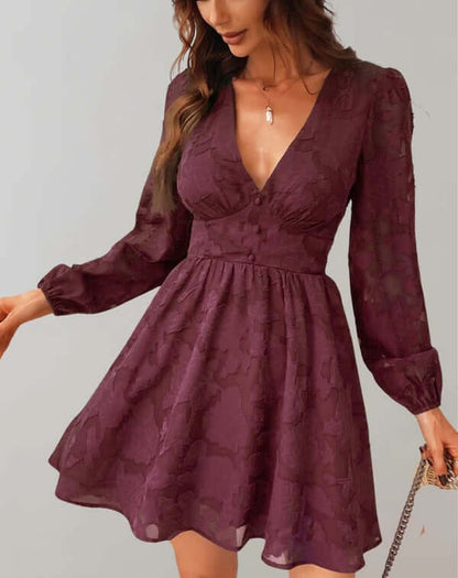 Floral V-Neck Long Sleeve Cocktail Dress