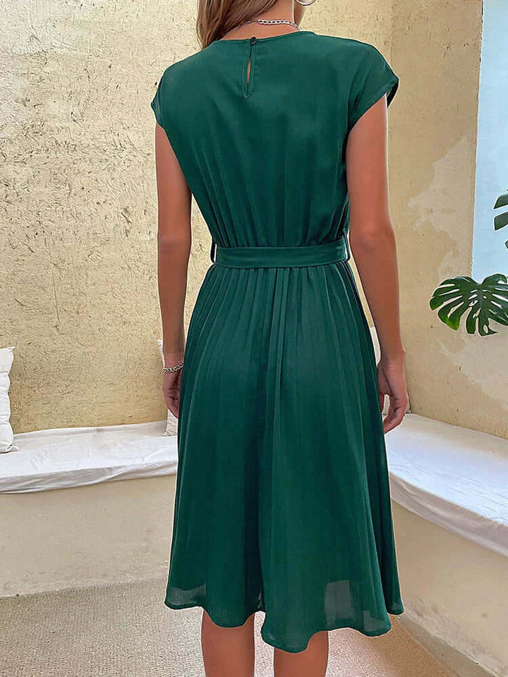 Women's Pleated Midi Dress with Tie Waist