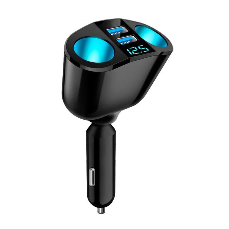 Car cigarette lighter USB charger splitter with dual ports, blue light, and voltage display for versatile 12V-24V vehicle use