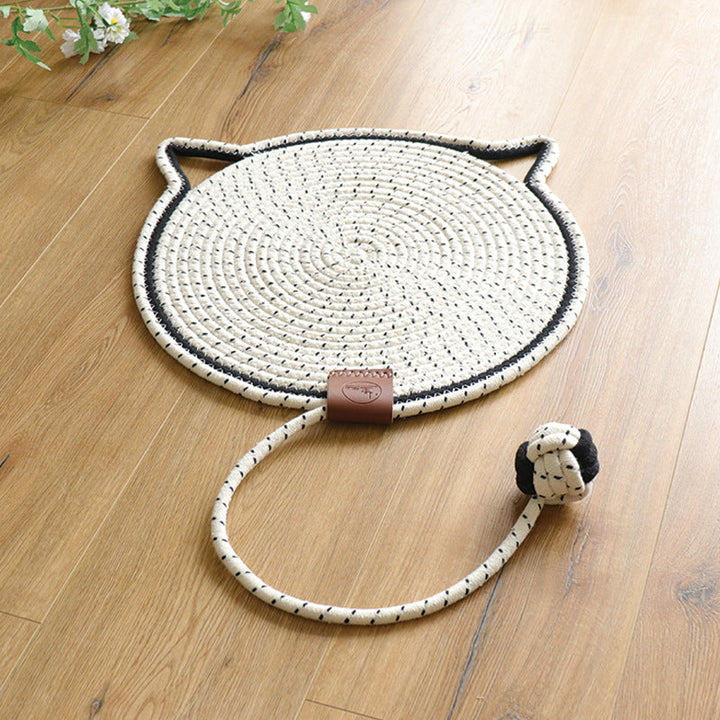 "Cat lounging on stylish, durable cat scratching rug; elegant, textured mat for optimal claw care and furniture protection."