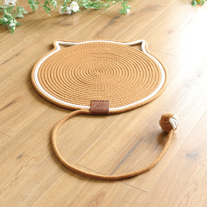 "Cat lounging on stylish, durable cat scratching rug; elegant, textured mat for optimal claw care and furniture protection."