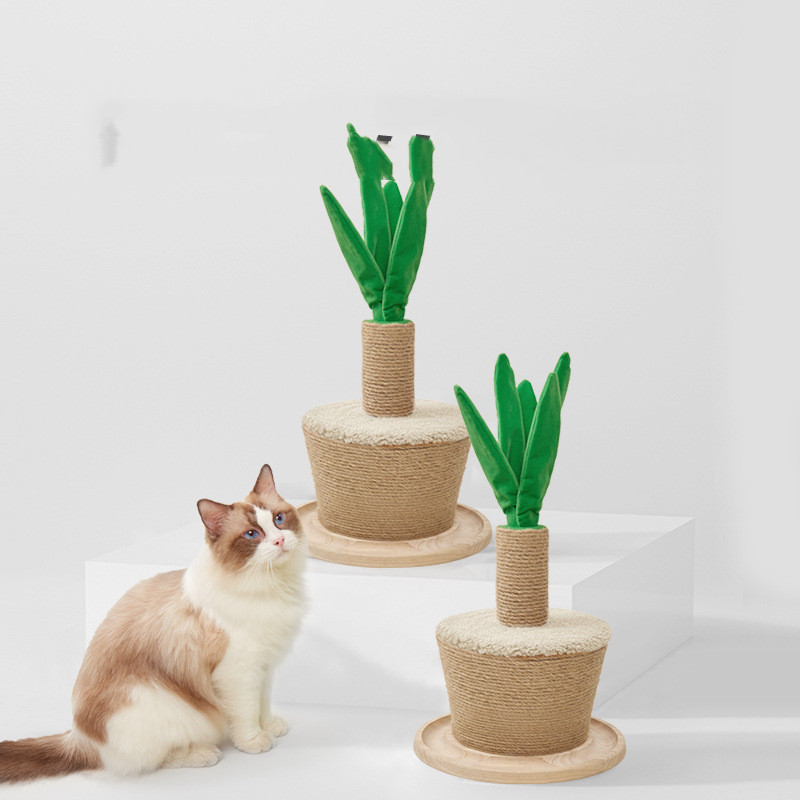 "Cat tower with green plant pot design, sisal scratching posts, multi-level climbing platform, for play and home decor."