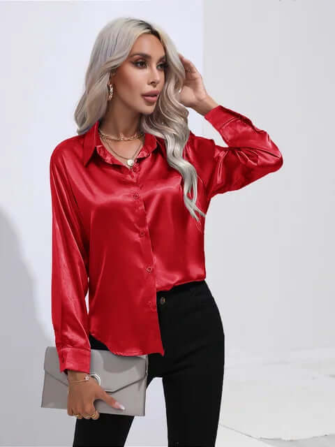 Women's Satin Loose Fit Long Sleeve Blouse
