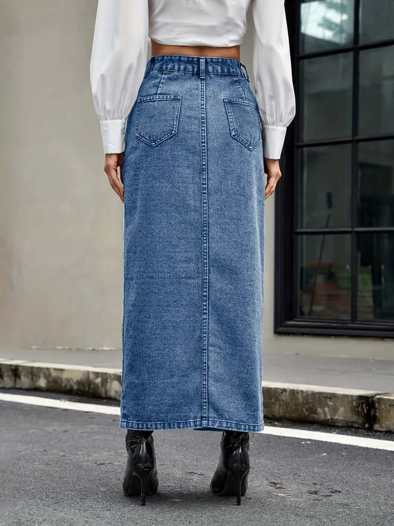Women's High-Waist Denim Midi Skirt with Front Slit