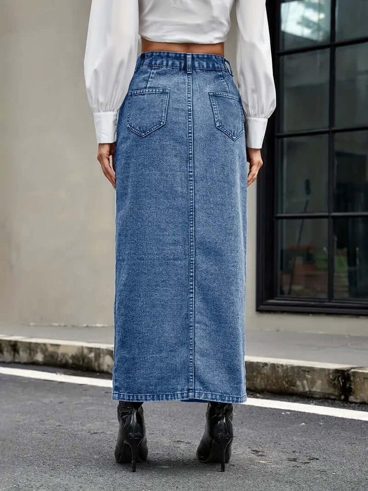 Women's High-Waist Denim Midi Skirt with Front Slit