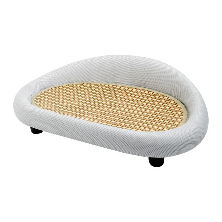 "Chic cat bed and scratching pad with non-slip bottom, curved design, and felt-seisal surface available in Brown, Gray, Green