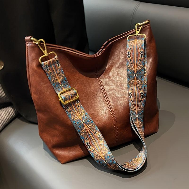 "Chic medium faux leather shoulder bag with embellished adjustable strap in black, caramel, green, or khaki for women."