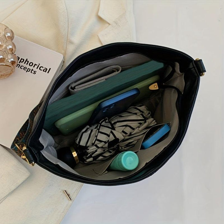 "Chic medium faux leather shoulder bag with embellished adjustable strap in black, caramel, green, or khaki for women."
