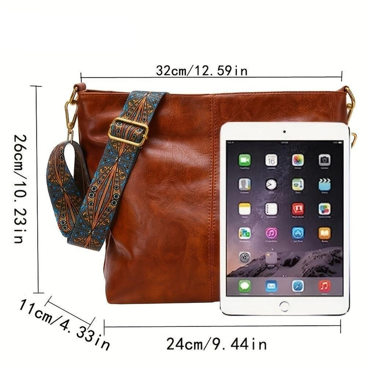 "Chic medium faux leather shoulder bag with embellished adjustable strap in black, caramel, green, or khaki for women."