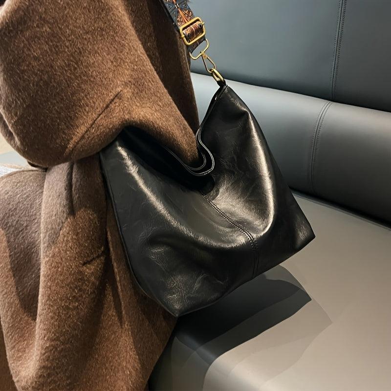"Chic medium faux leather shoulder bag with embellished adjustable strap in black, caramel, green, or khaki for women."