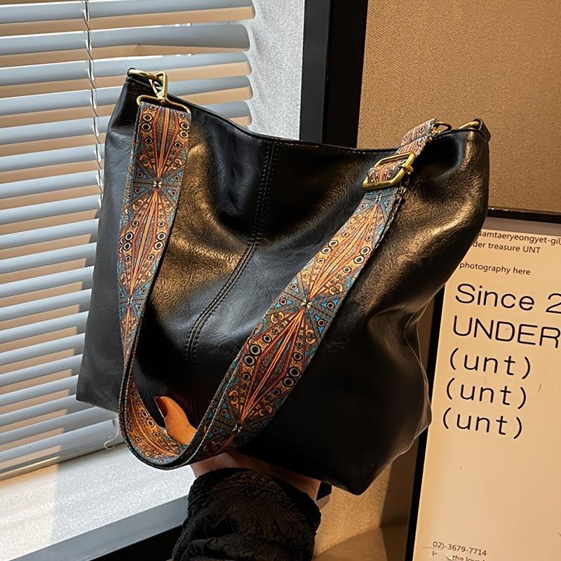 "Chic medium faux leather shoulder bag with embellished adjustable strap in black, caramel, green, or khaki for women."